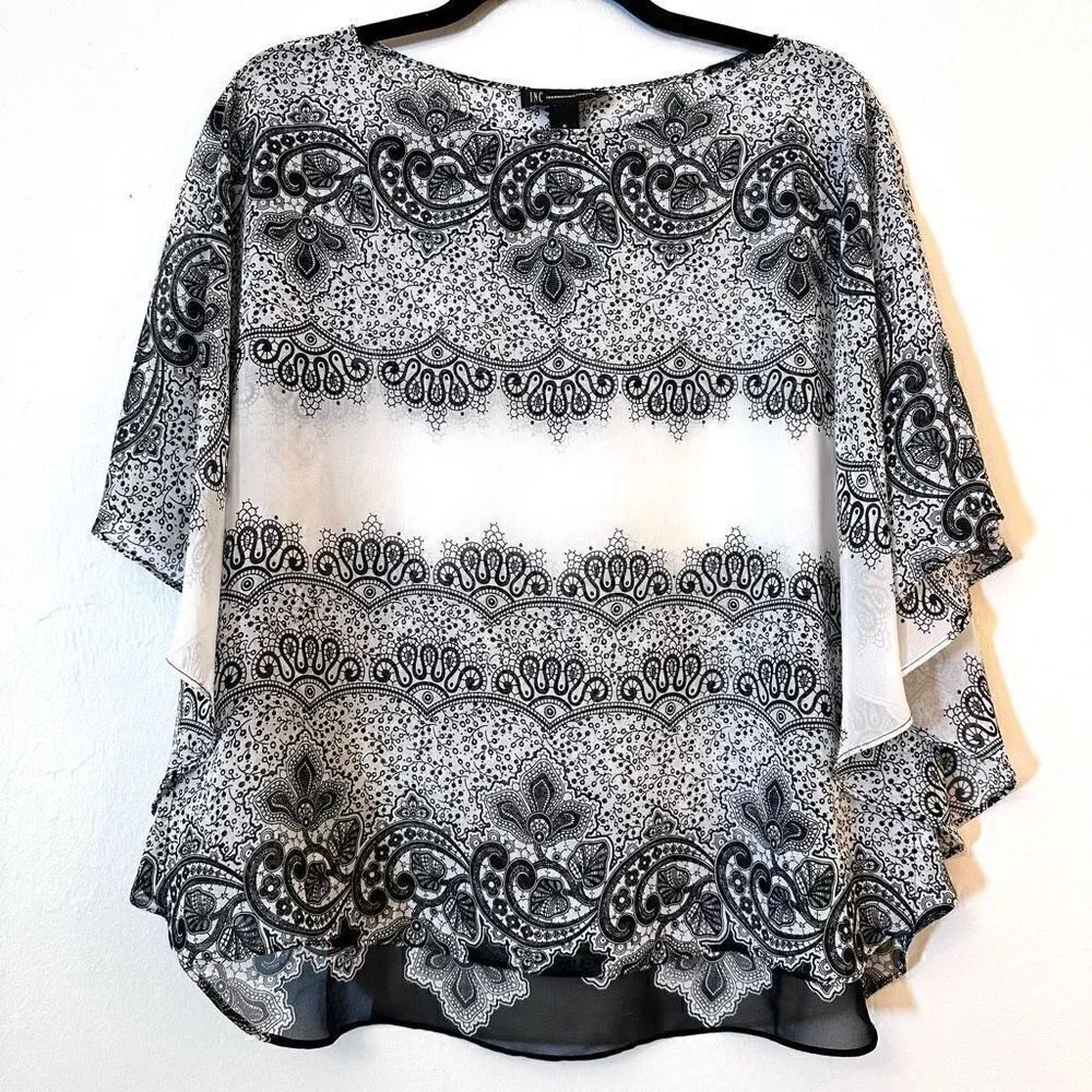 INC International Concepts Dolman Sleeve Boho Paisley Blouse Black White Sz 4